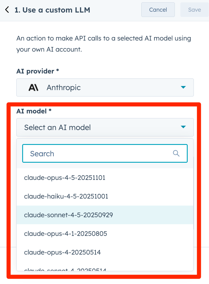 HubShots HubSpot custom llm model choice in workflow