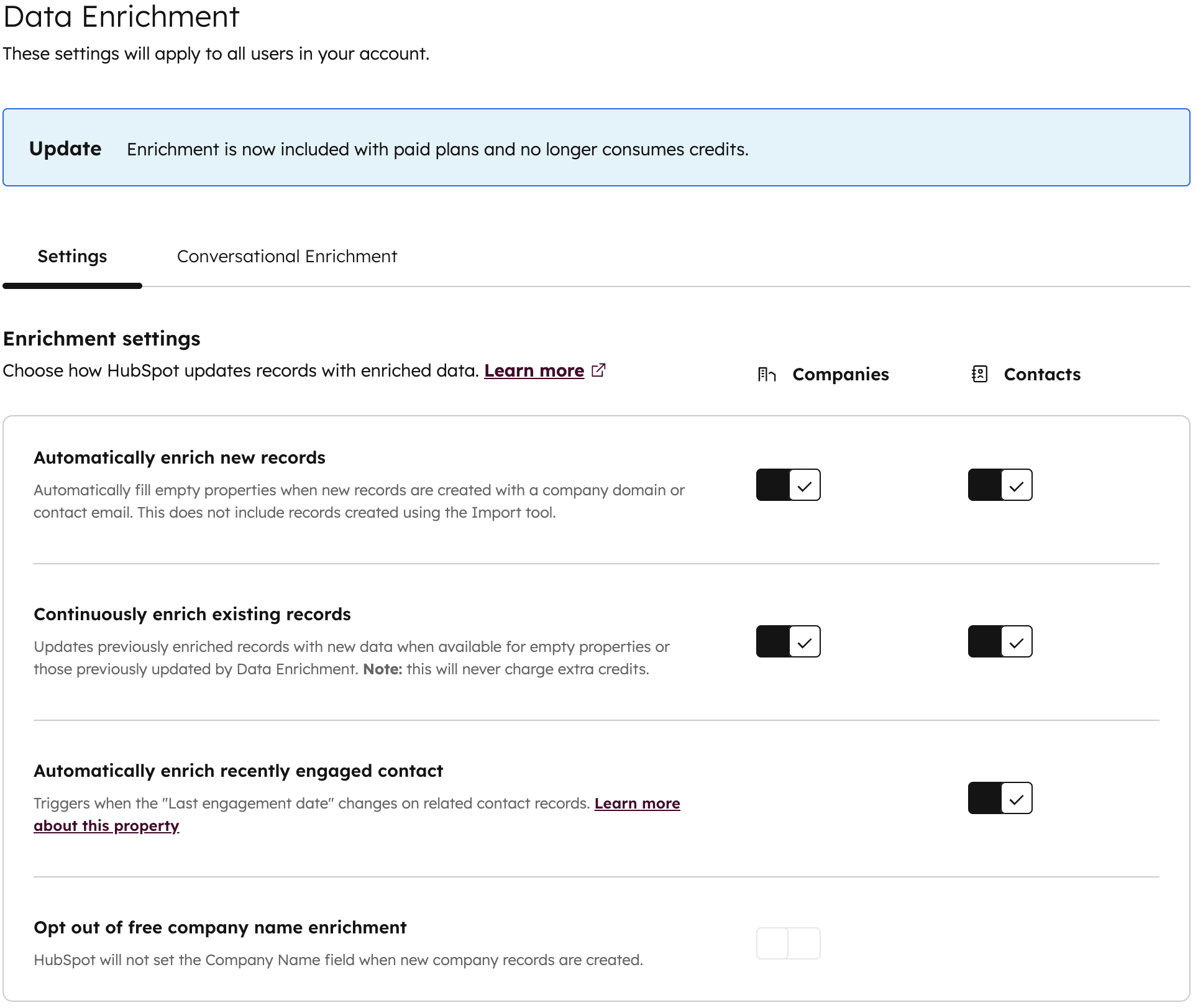 HubSpot data enrichment settings 1