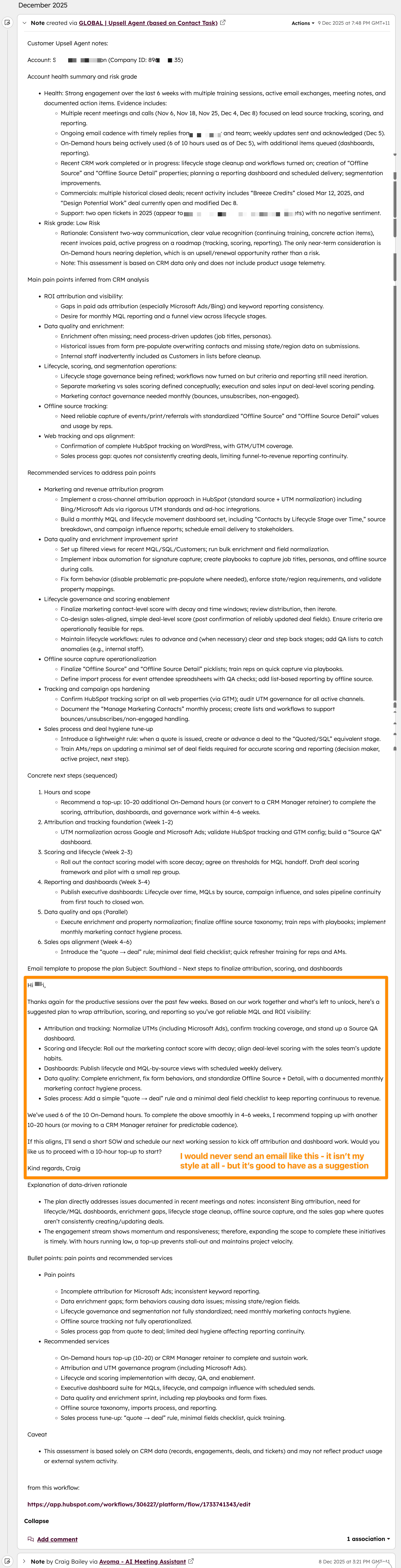 HubSpot workflow upsell agent output 1