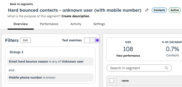 HubShots Shot4 hard bounced contacts mobile number Segment