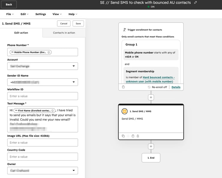 HubShots Shot4 Send SMS to check with bounced contacts in HubSpot