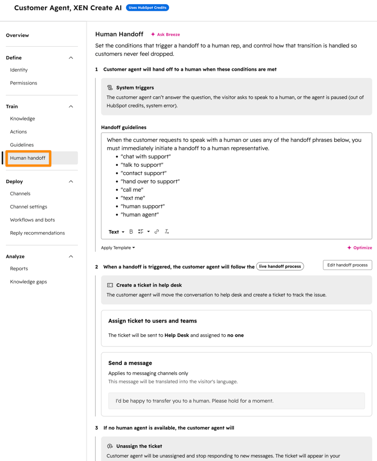 HubSpot customer agent handoff 1