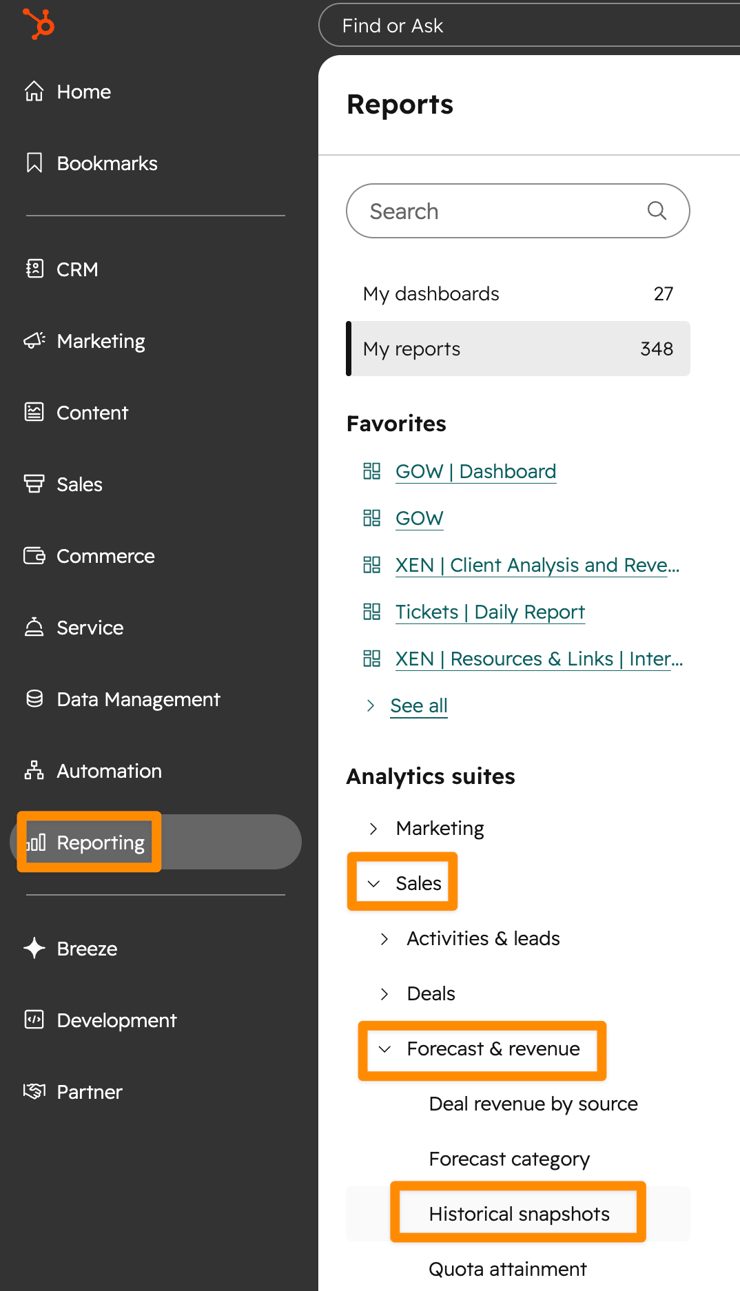 HubSpot reports historical snapshot