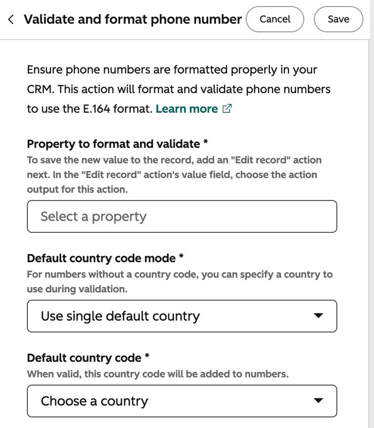 HubSpot phone format validate
