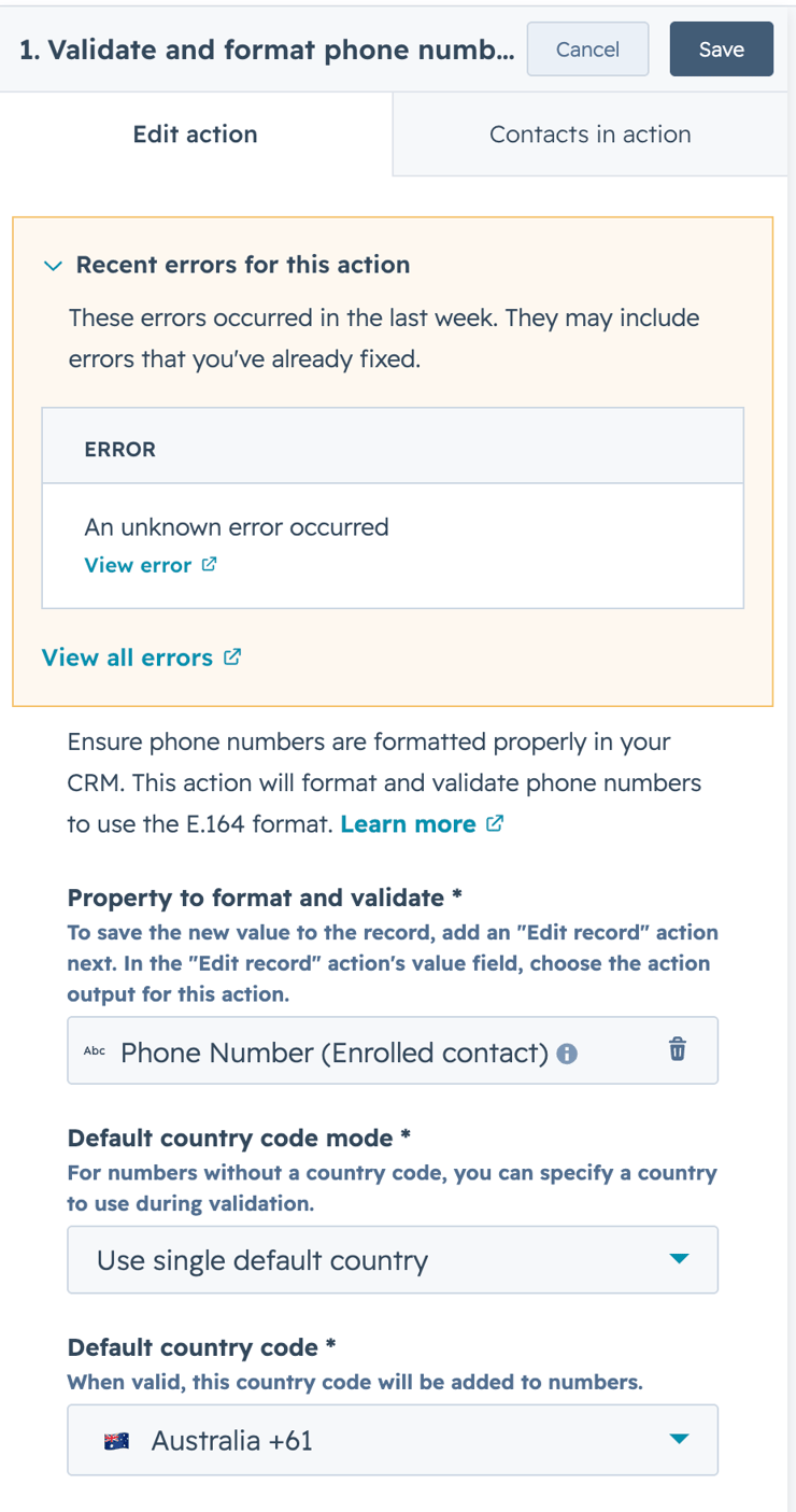 HubSpot phone format unknown error