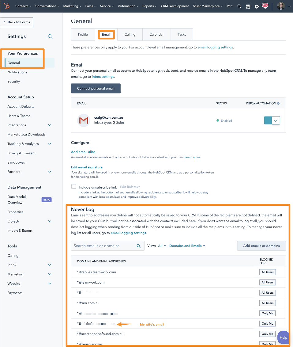 HubSpot General Settings for Never Log