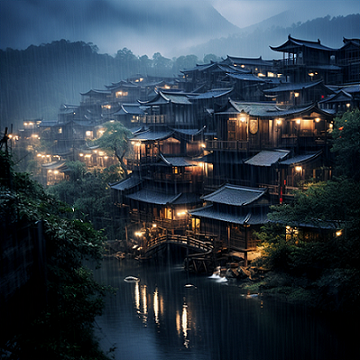 A Japanese village at night time