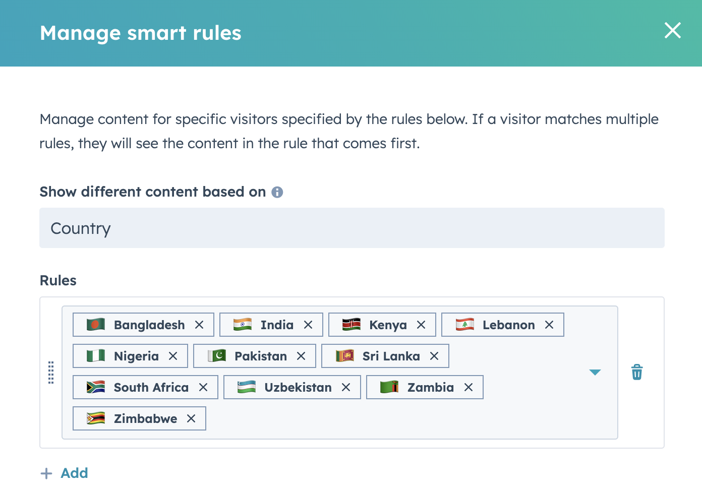 Managing content for specific visitors based on country