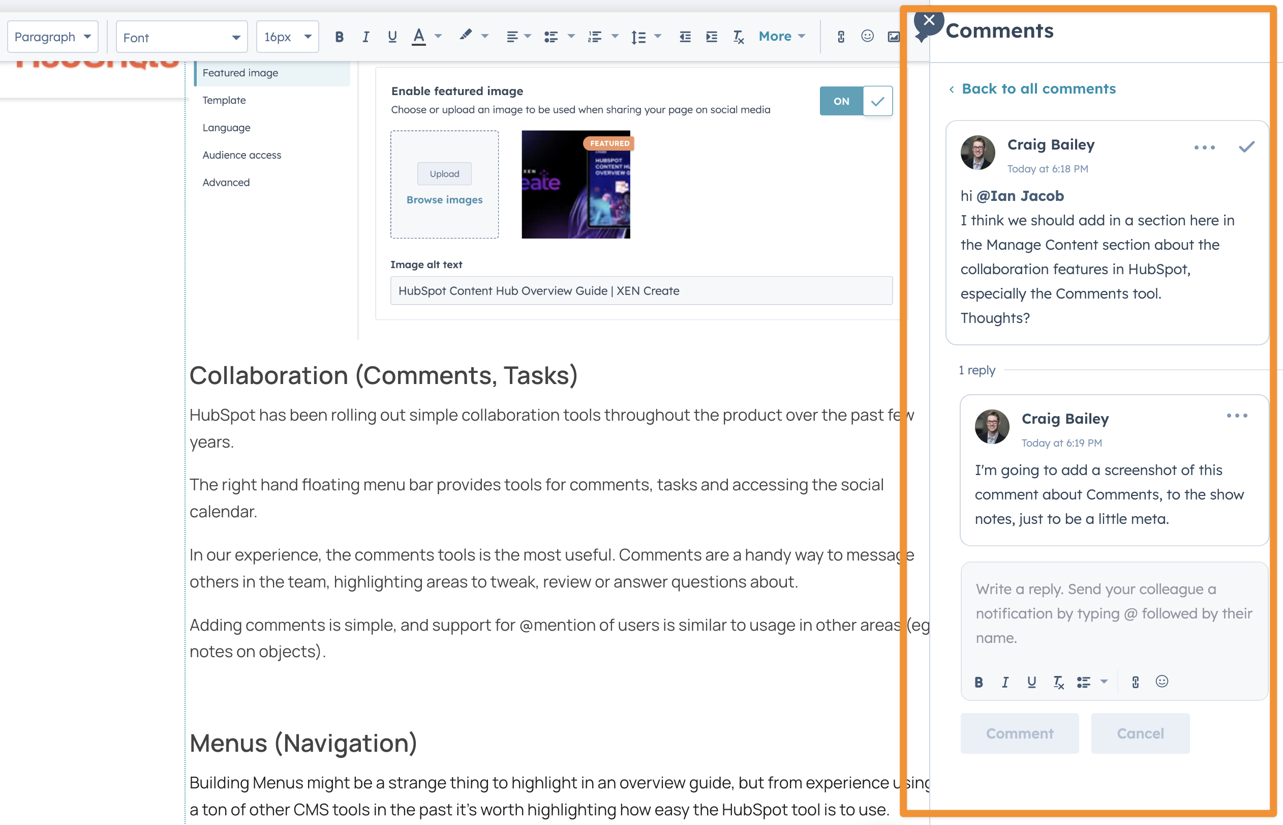 Using the Comment tool in HubSpot
