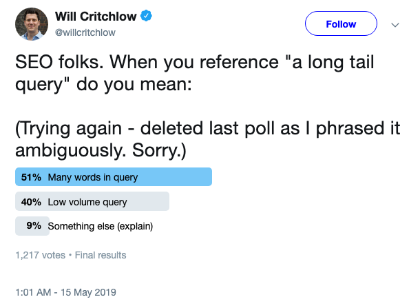 Will Critchlow on Twitter   SEO folks  When you reference  a long tail query  do you mean   Trying again   deleted last poll as I phrased it ambiguously  Sorry
