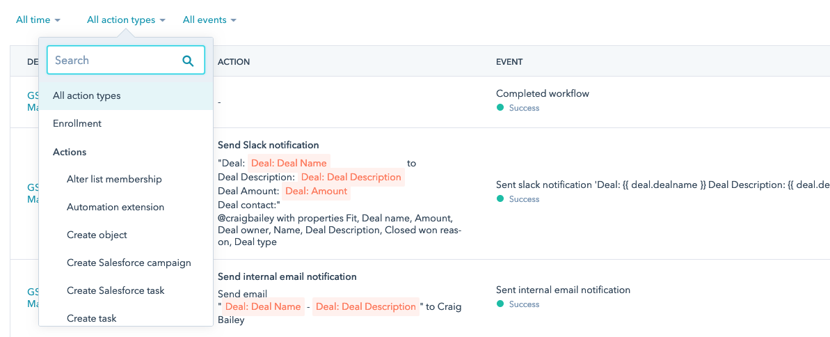 hubspot deal workflow action types