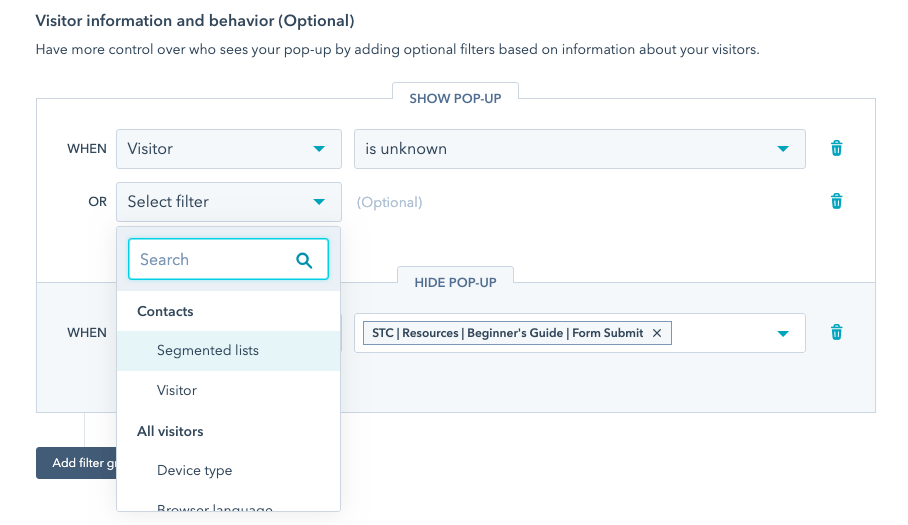 hubspot popup forms targeting 1 3