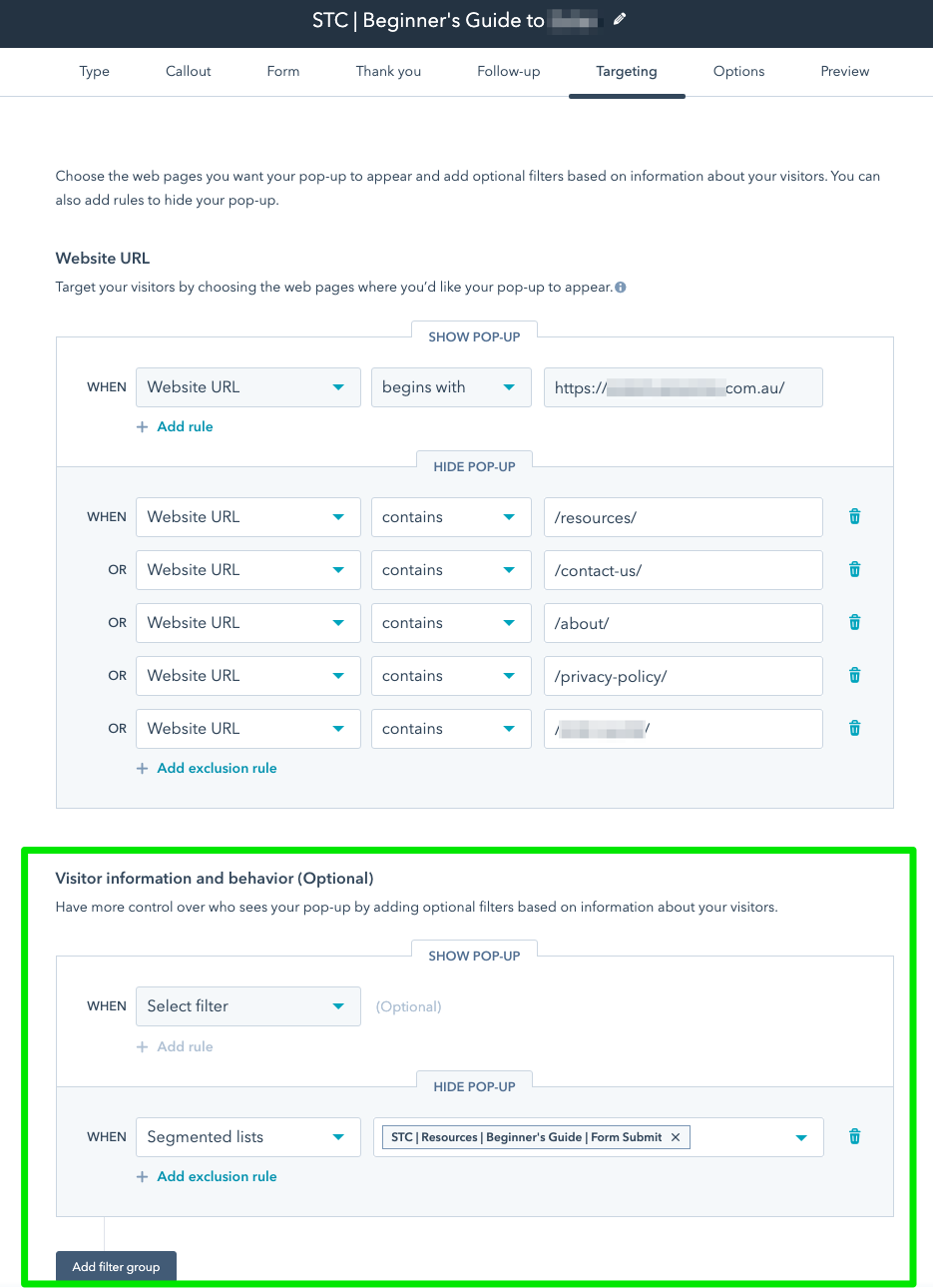 hubspot popup forms targeting