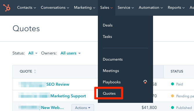 hubspot quotes menu