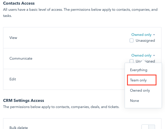 hubspot team contact permissions