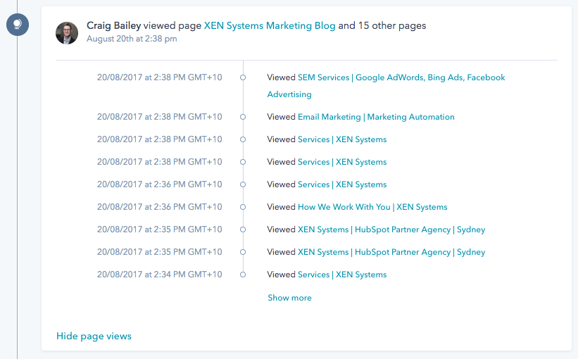 hubspot timeline combined pageviews