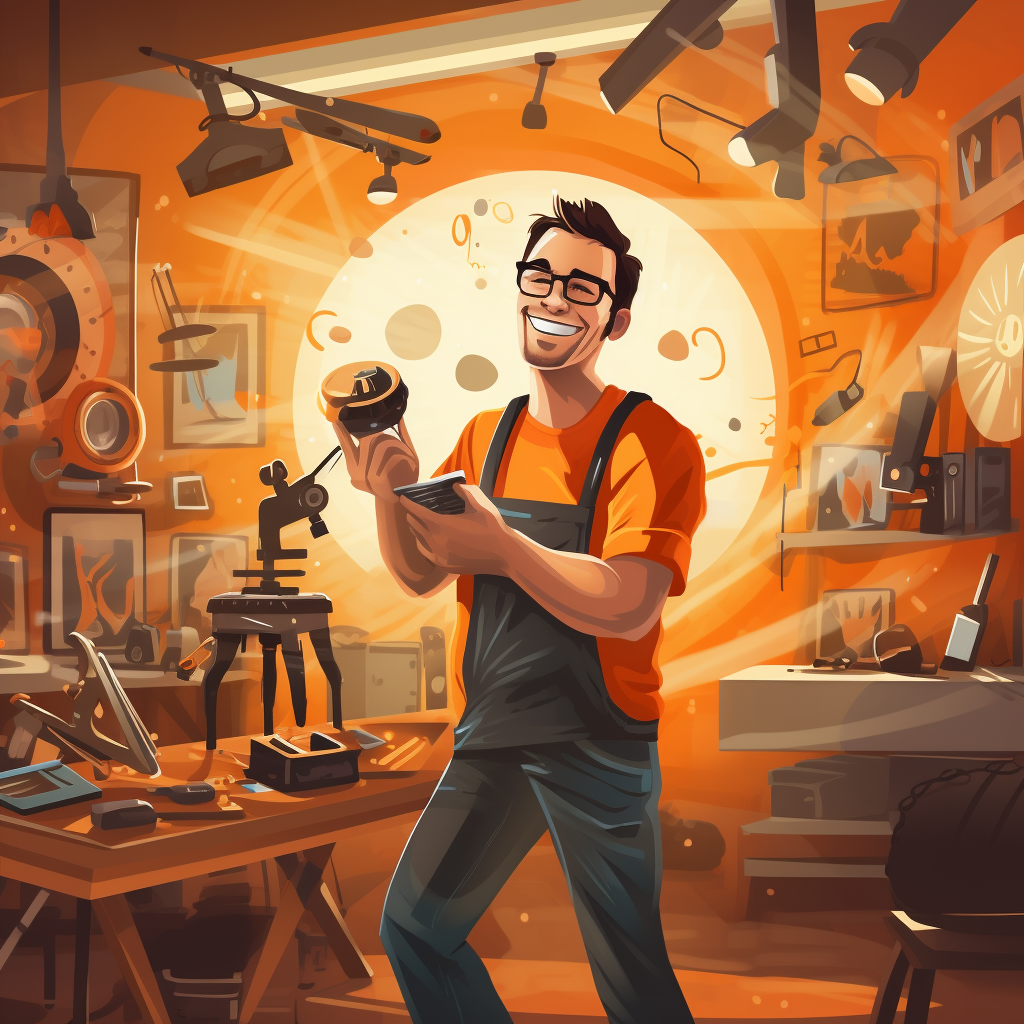 Smiling Man Using His Tools In a Workshop In Orange Themed Background